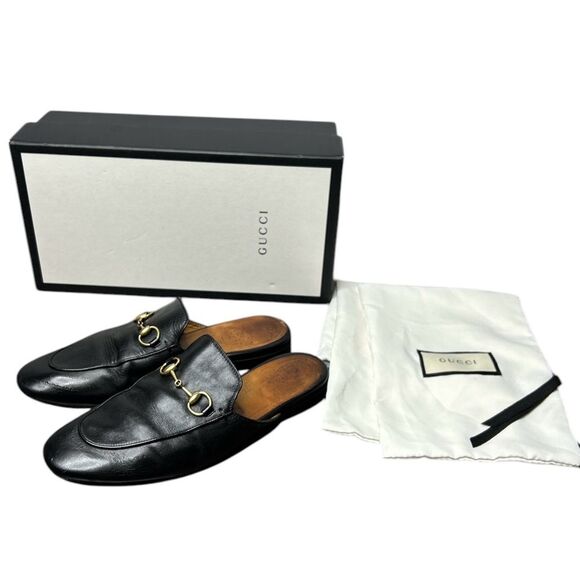 Gucci Princetown Horsebit Loafer Mule Size 37.5 Black Leather Buckle Slippers - Picture 1 of 7